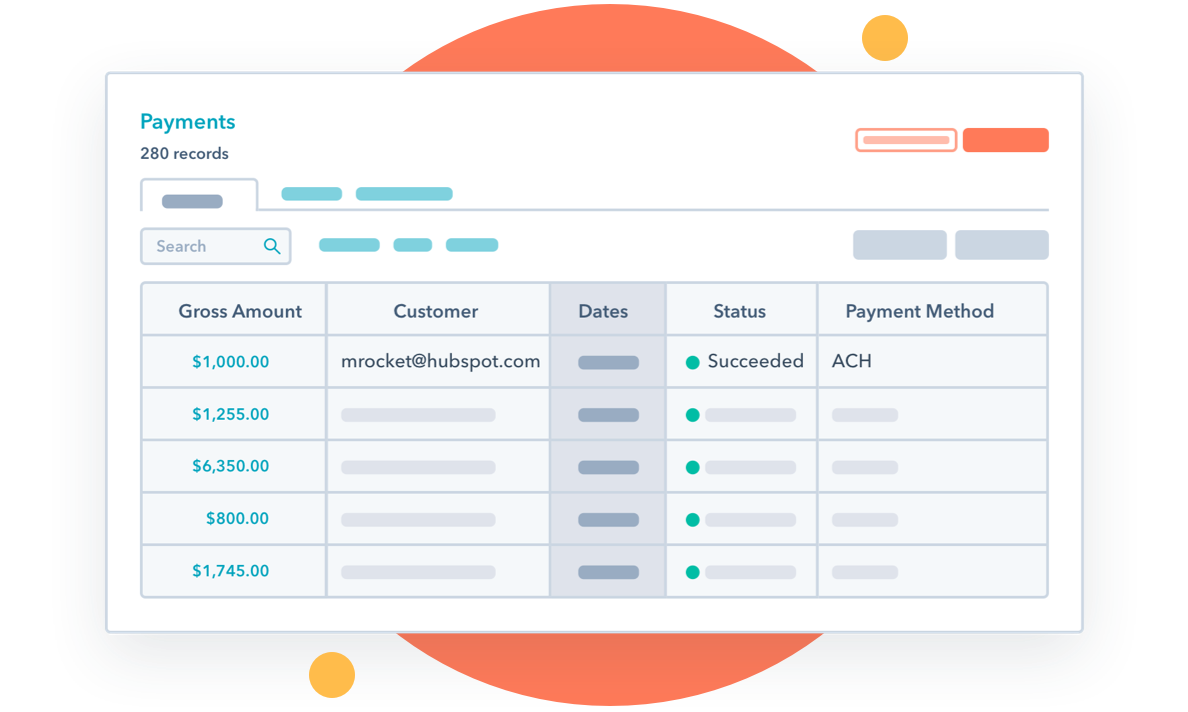 Simplified product screenshot showing the payments dashboard in HubSpot